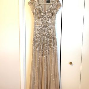 Adrianna Papell Beaded Mesh Cap Sleeve Gown